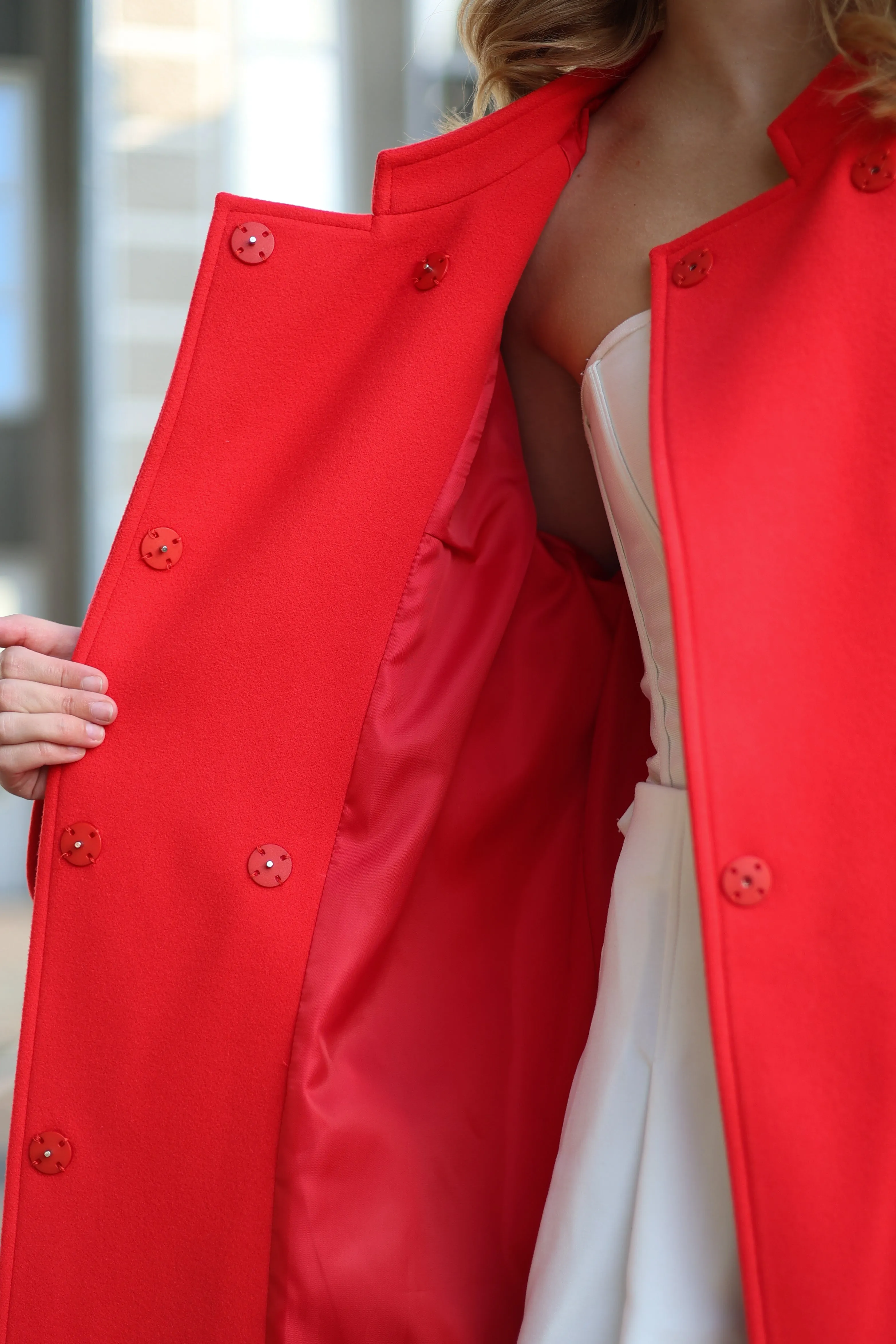 Red Band Collar Wool Blend Coat