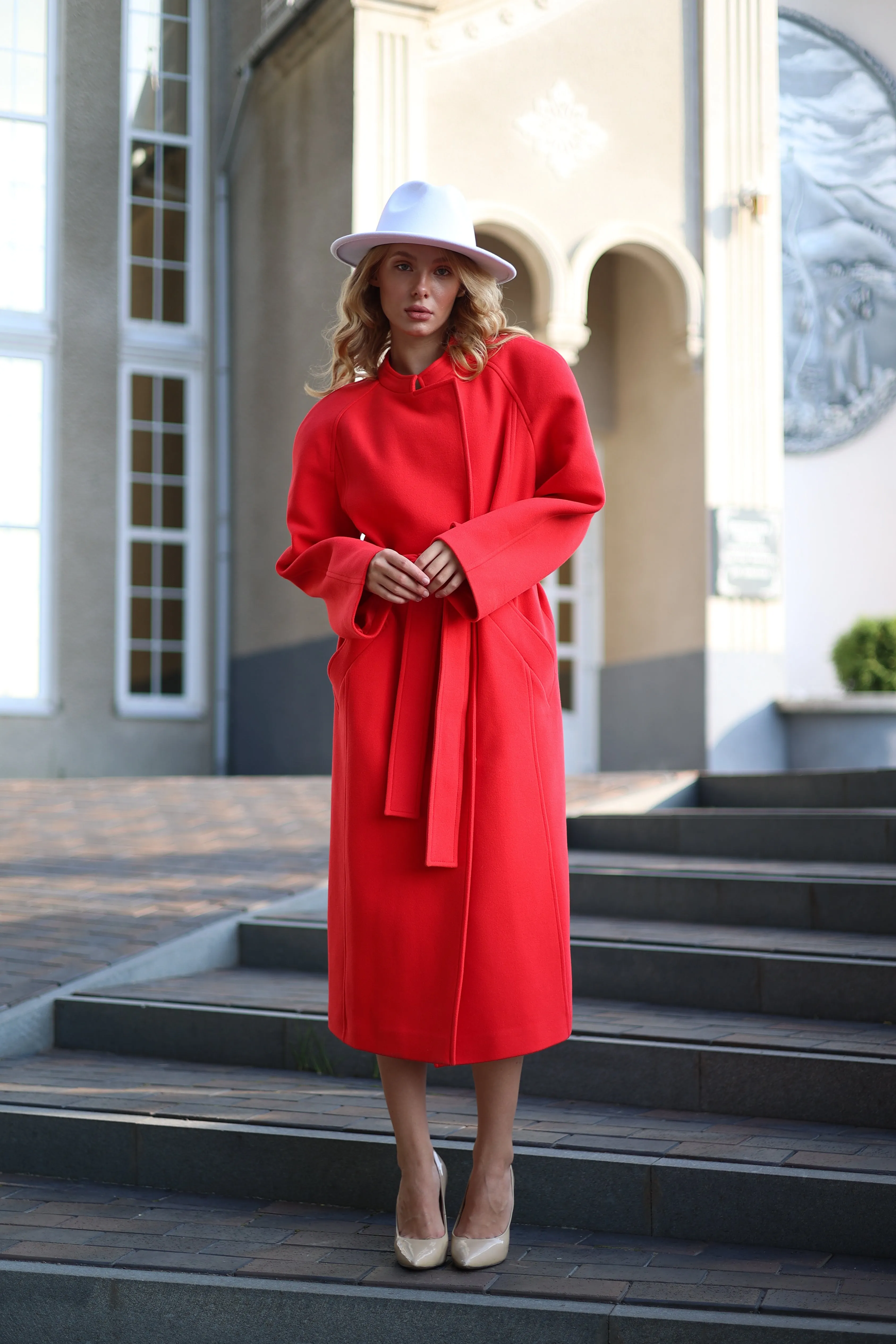 Red Band Collar Wool Blend Coat