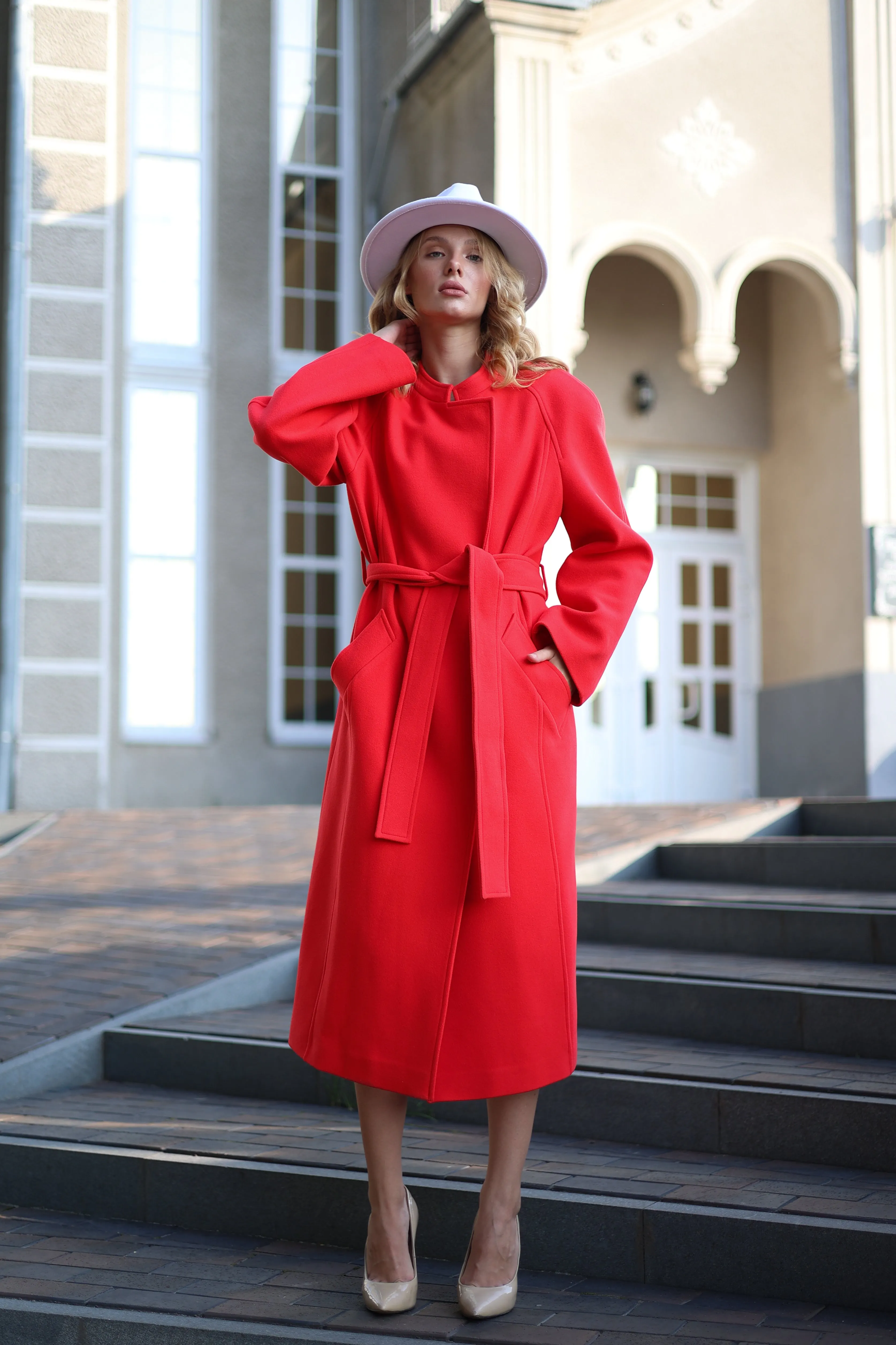 Red Band Collar Wool Blend Coat