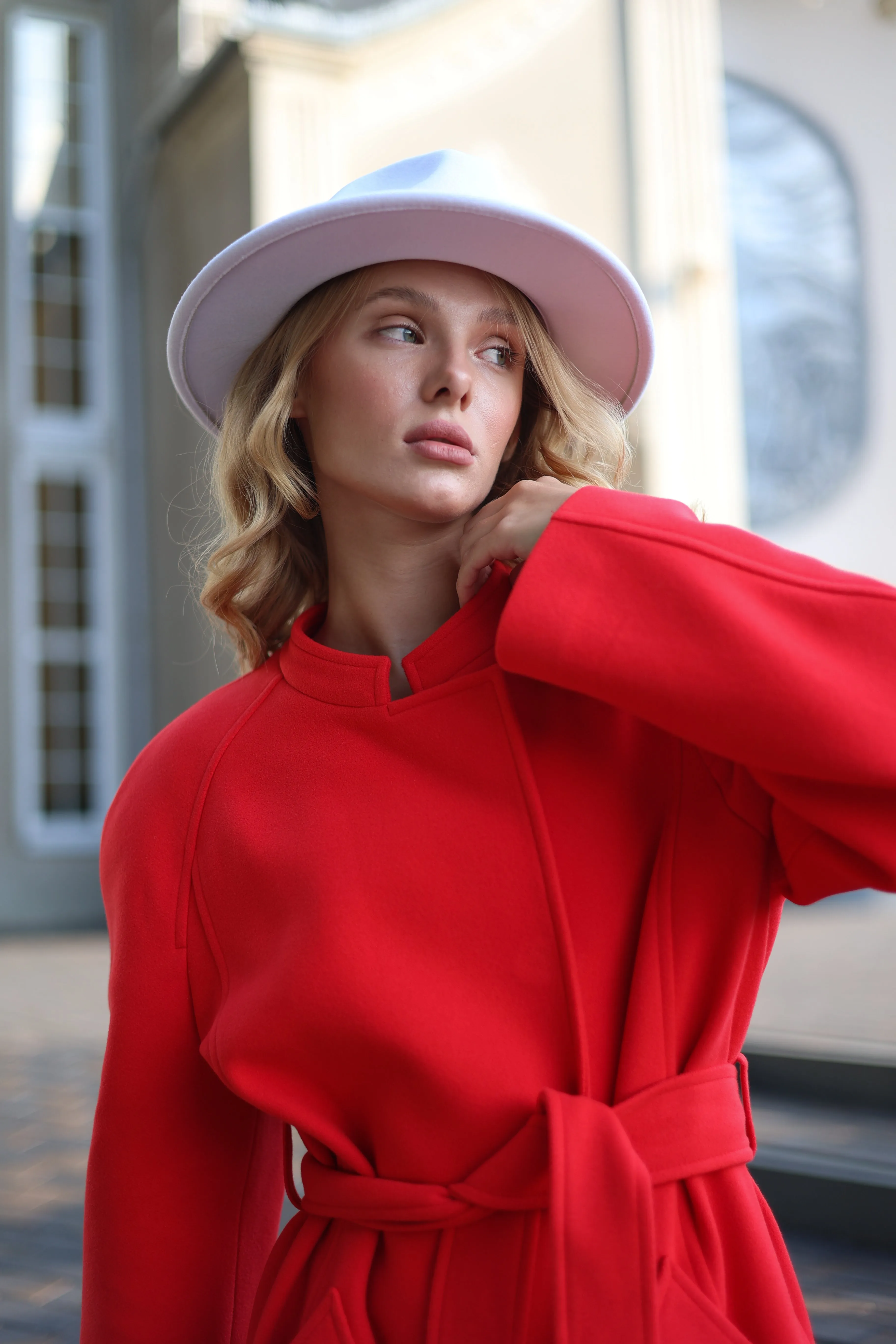 Red Band Collar Wool Blend Coat