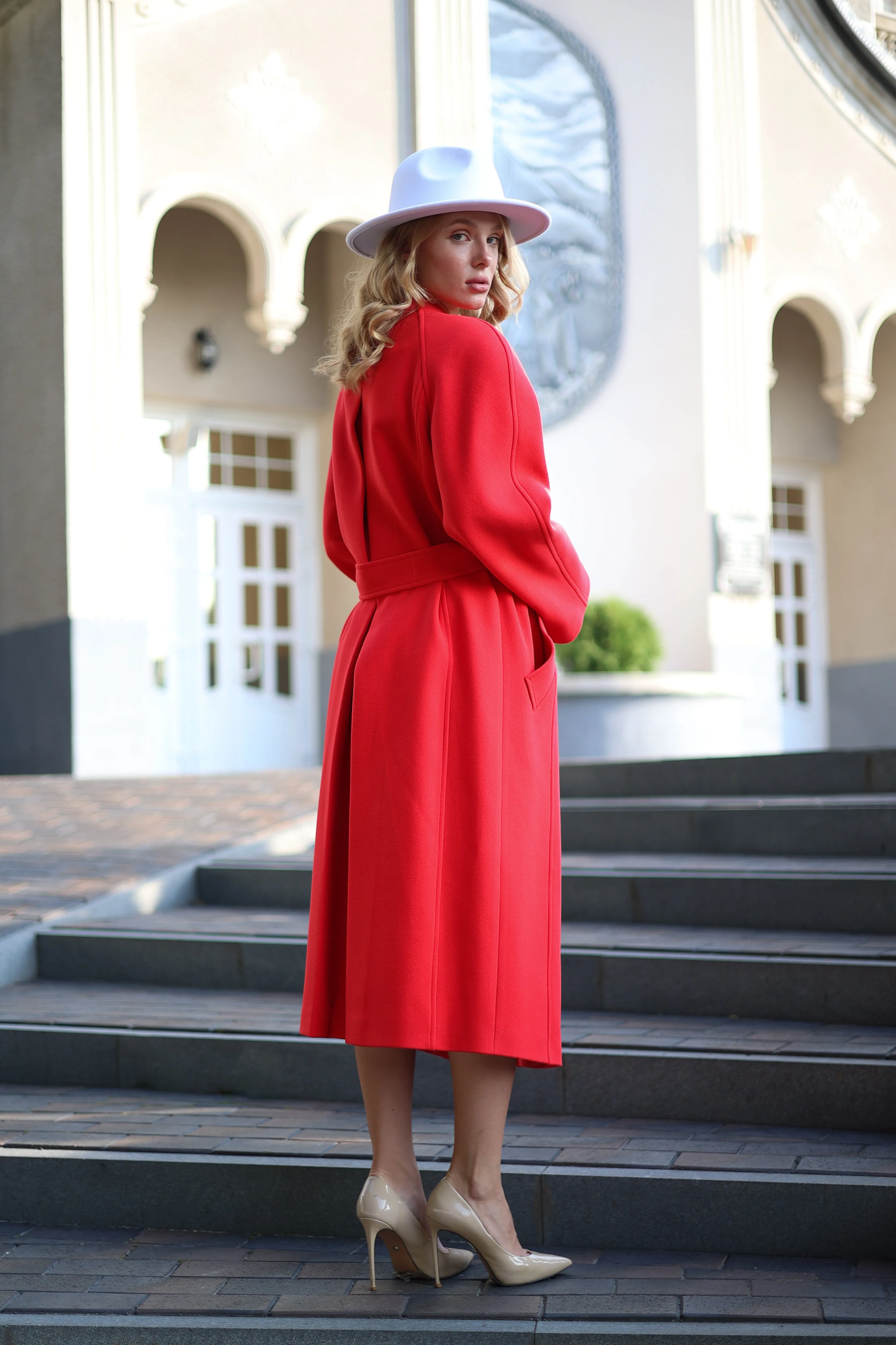 Red Band Collar Wool Blend Coat