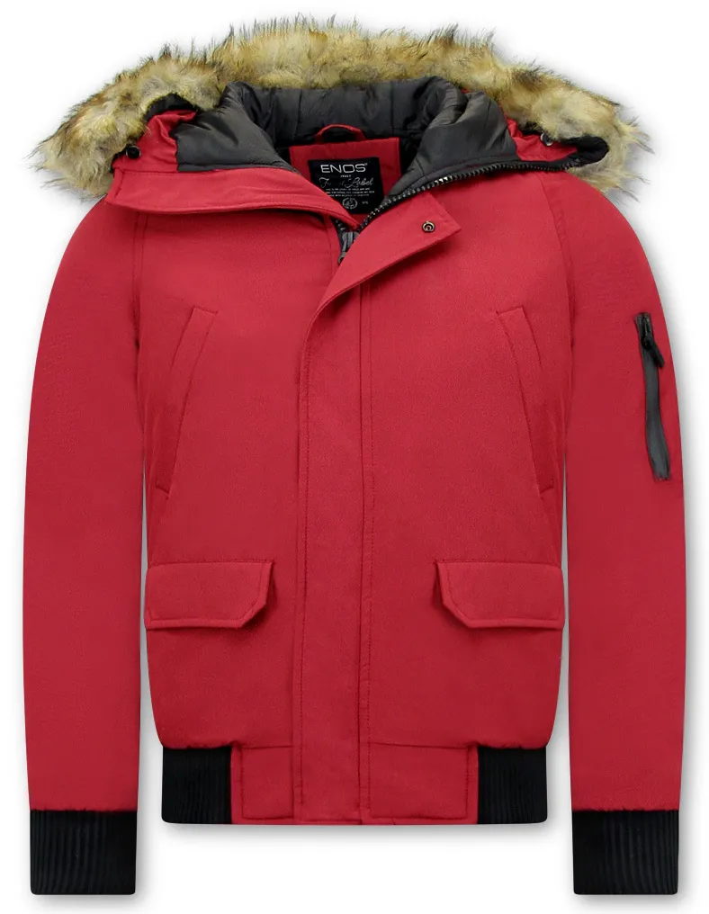 Red Winter Coat with Fake Fur Collar