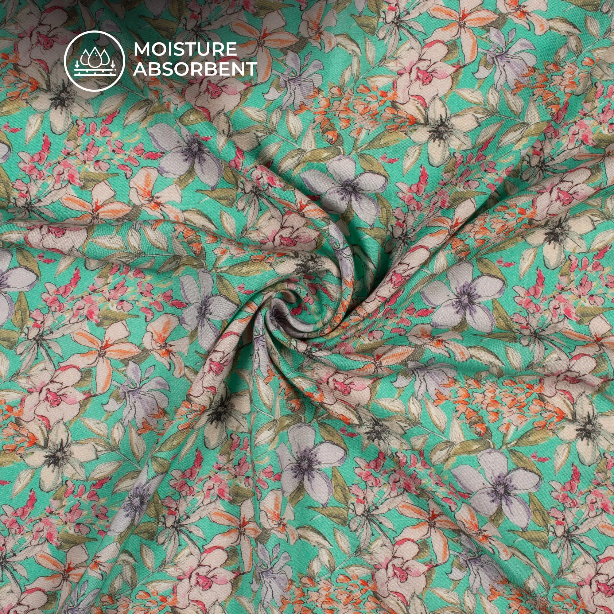 Seafoam Green Floral Print Viscose Rayon Fabric - 58 Wide