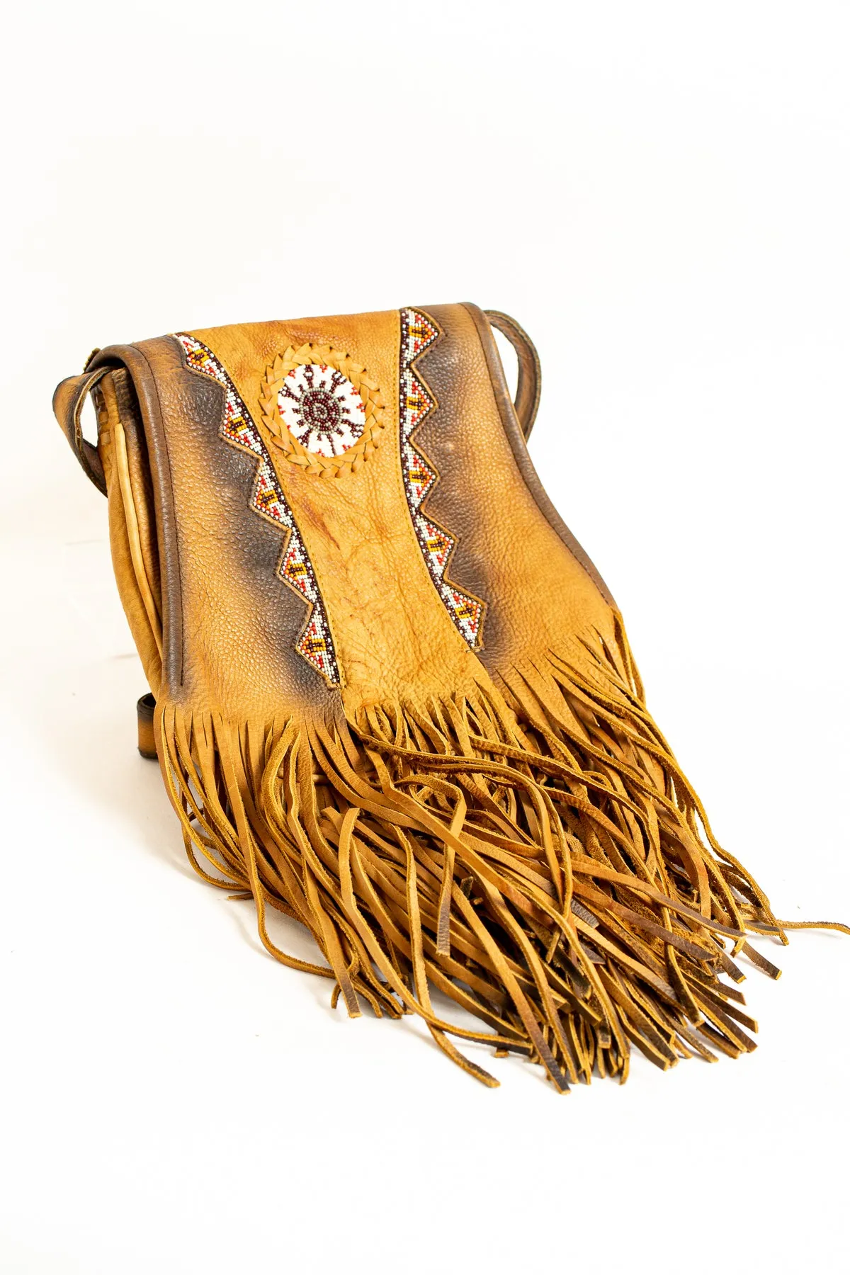 Tan Beaded Bag with Fringe