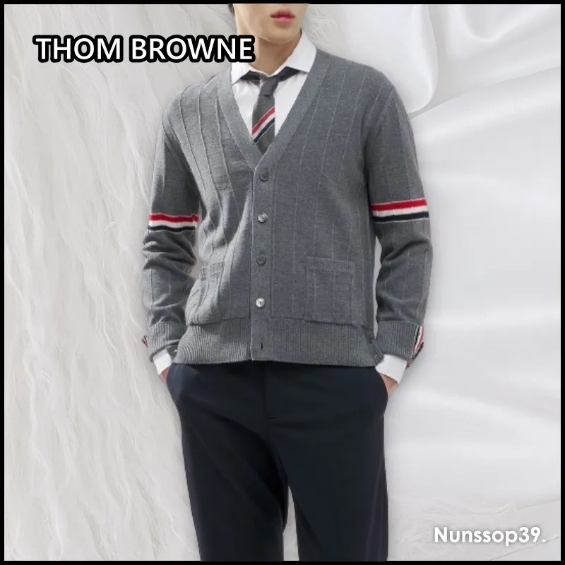 THOM BROWNE Stripes Street Style Plain Logo Designers Cardigans