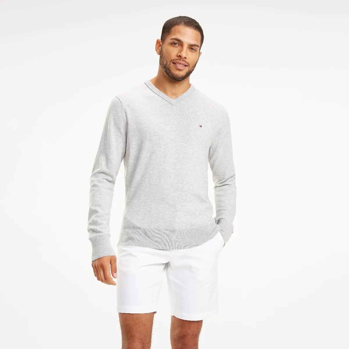 Tommy Hilfiger Grey V-Neck Cotton Wool Pullover | Sweatshirts