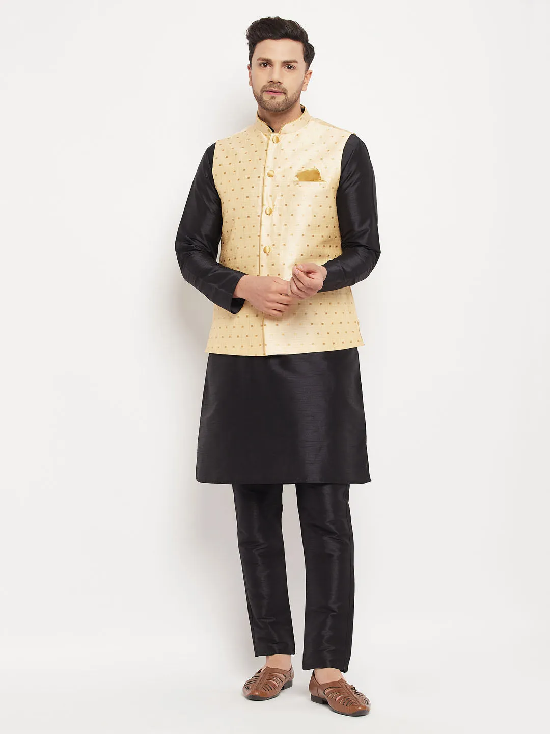 Vastramay Men's Gold Zari Jacket Kurta Pant Set