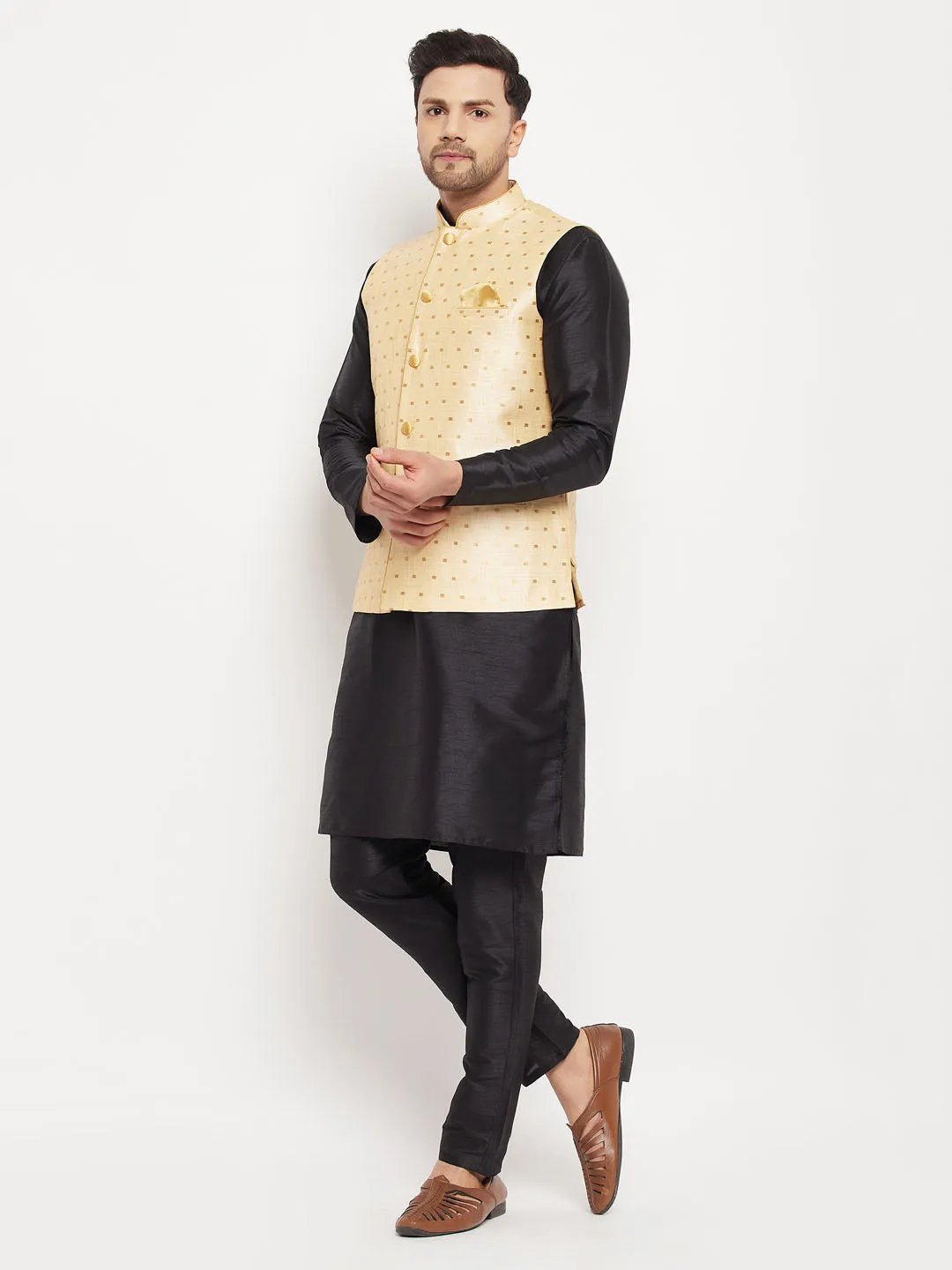 Vastramay Men's Gold Zari Jacket Kurta Pant Set