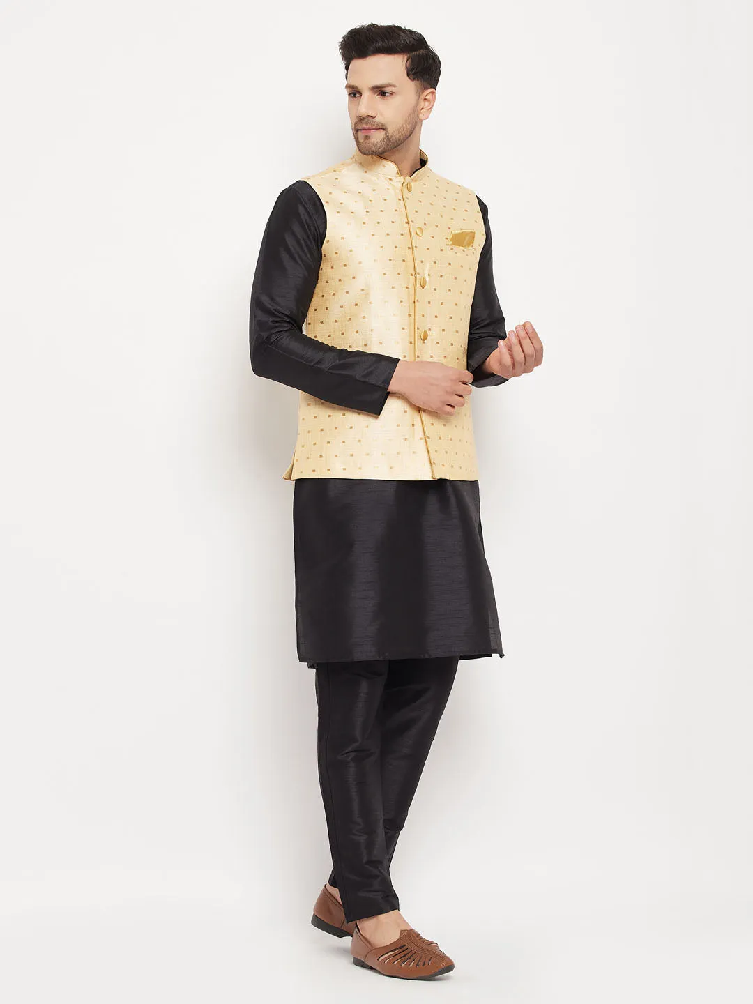 Vastramay Men's Gold Zari Jacket Kurta Pant Set