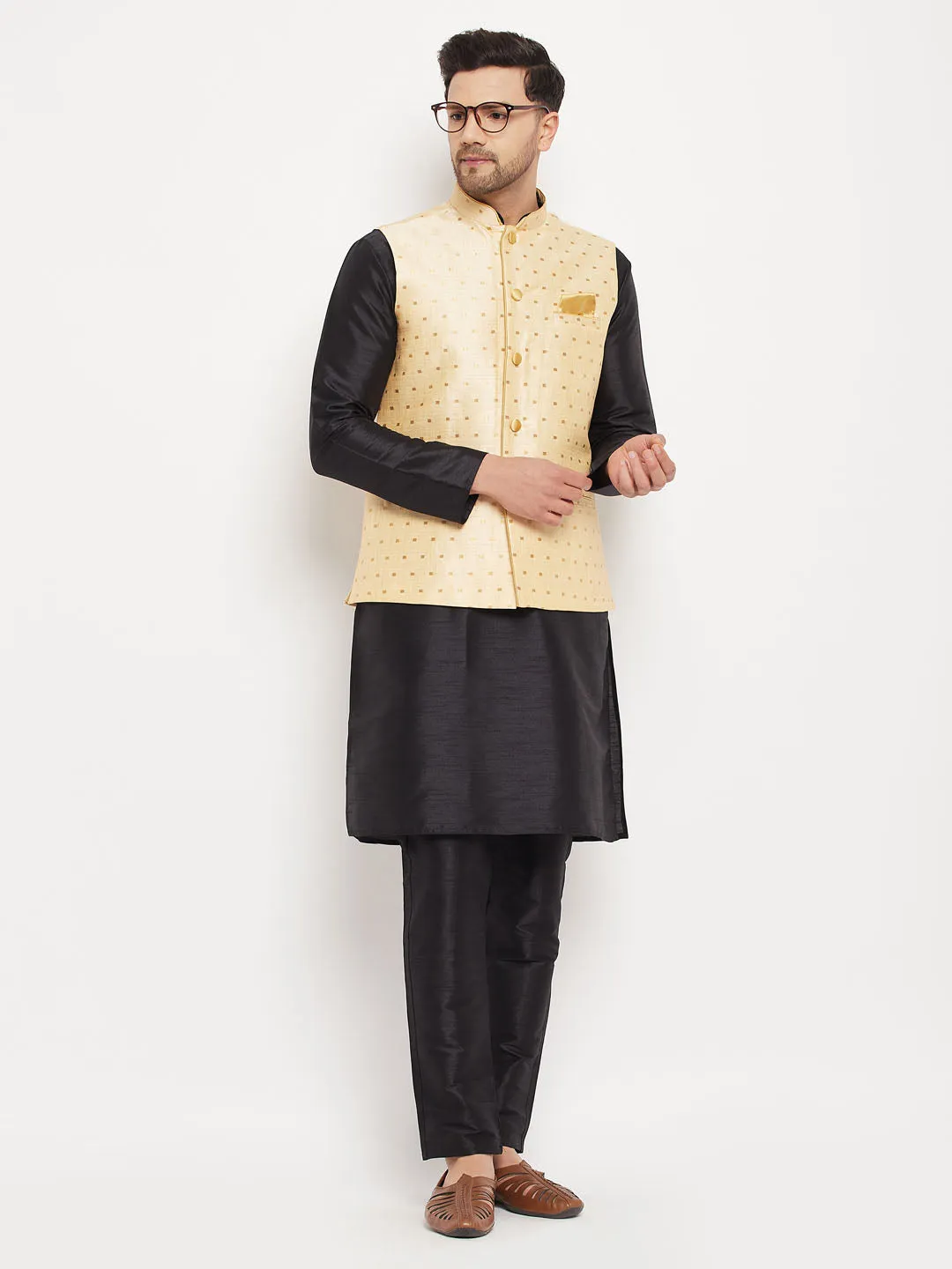 Vastramay Men's Gold Zari Jacket Kurta Pant Set