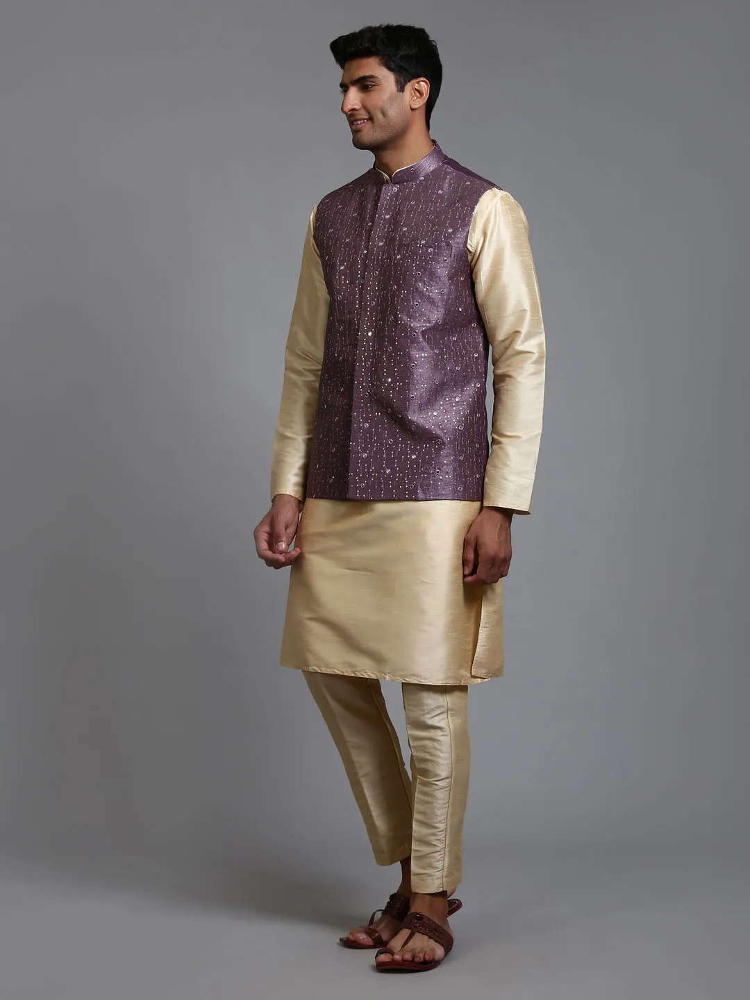 Vastramay Men's Purple Jacket Gold Kurta Pant Set