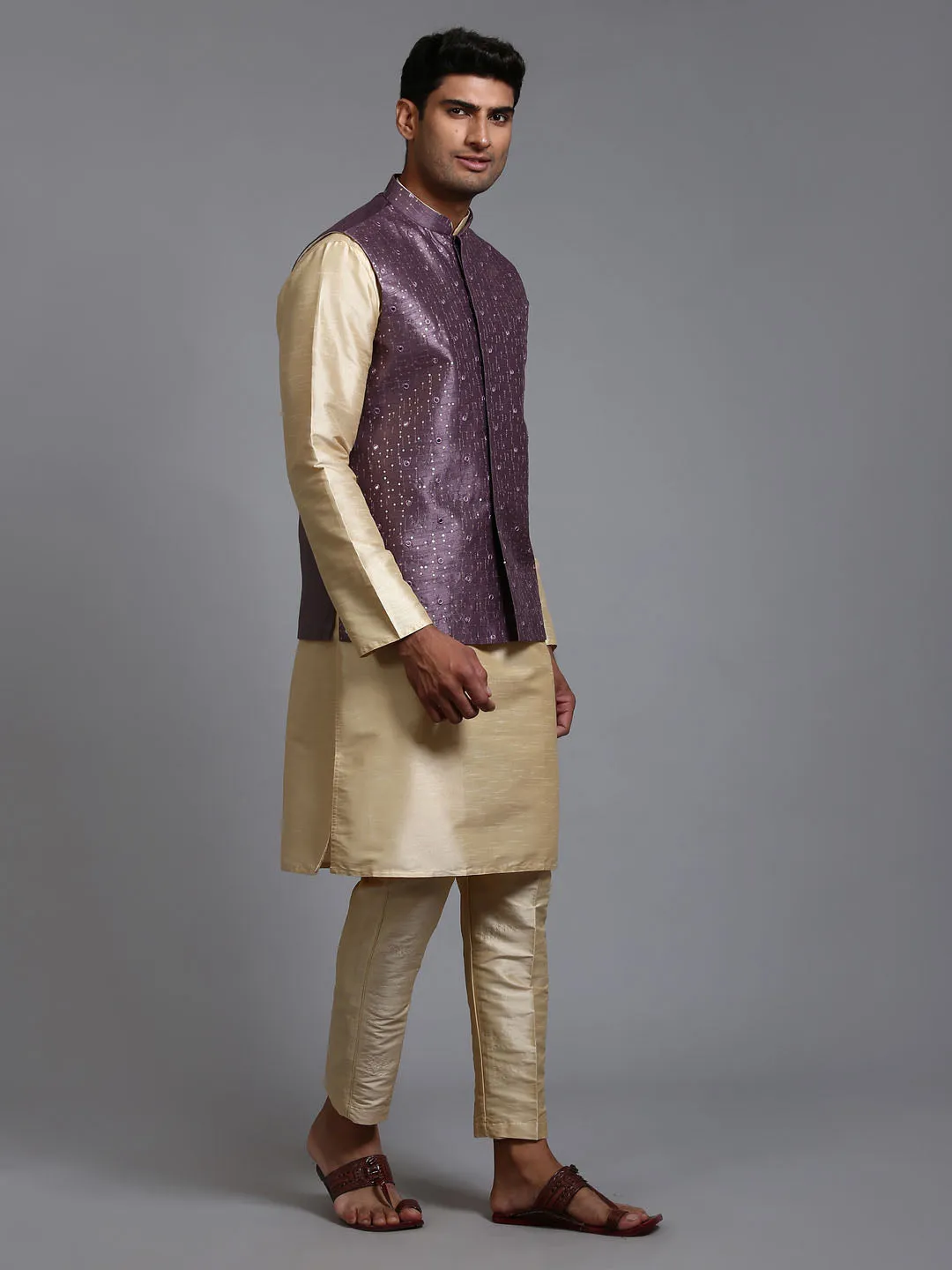 Vastramay Men's Purple Jacket Gold Kurta Pant Set