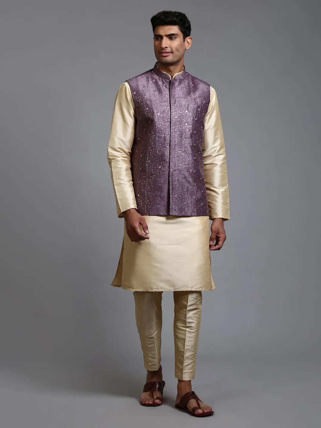 Vastramay Men's Purple Jacket Gold Kurta Pant Set