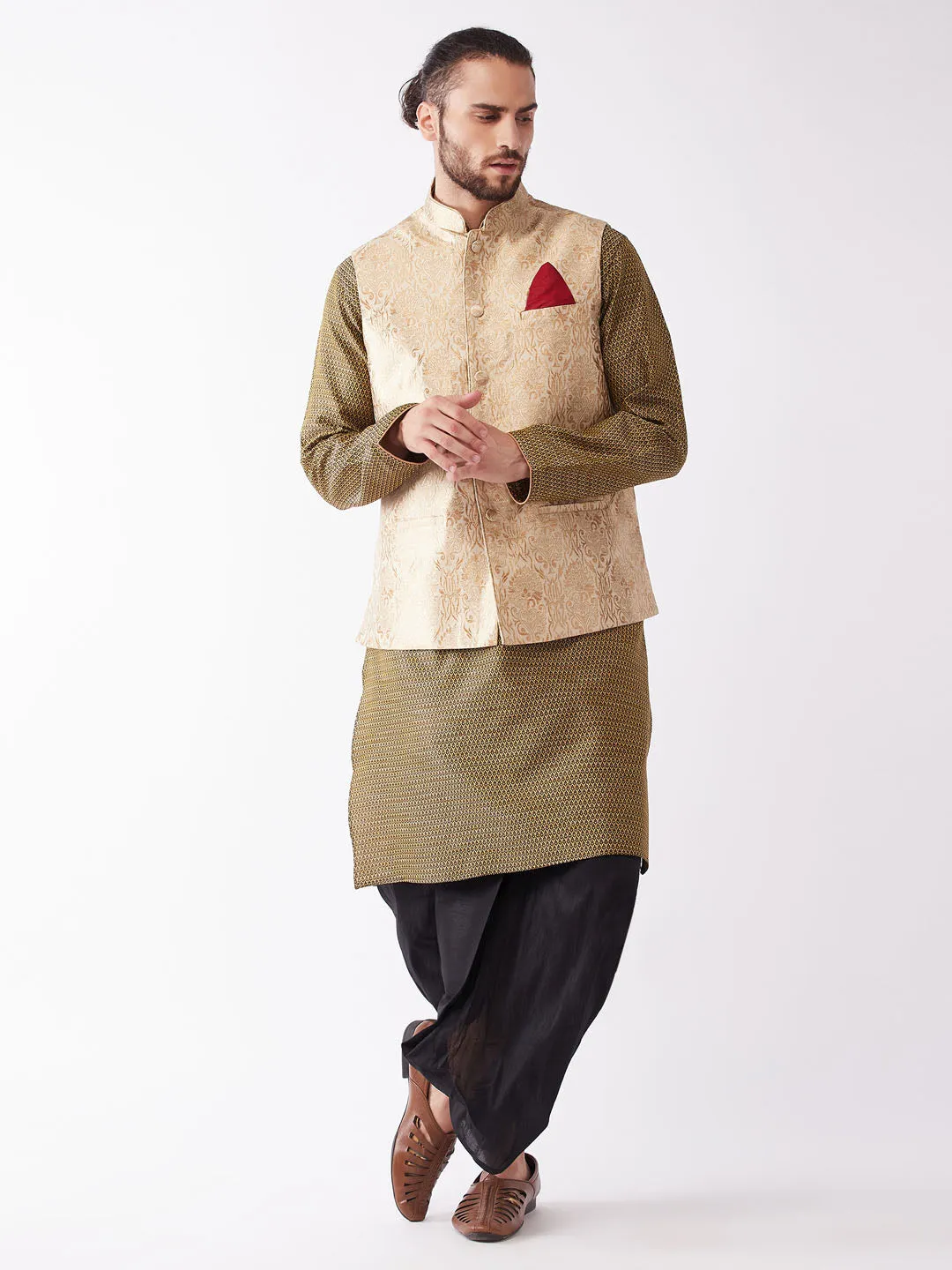 VM BY VASTRAMAY Men's Rose Gold Jacquard Jacket With Kurta Dhoti Set - Google SEO-friendly: Rose Gold Jacquard Jacket Set for Me