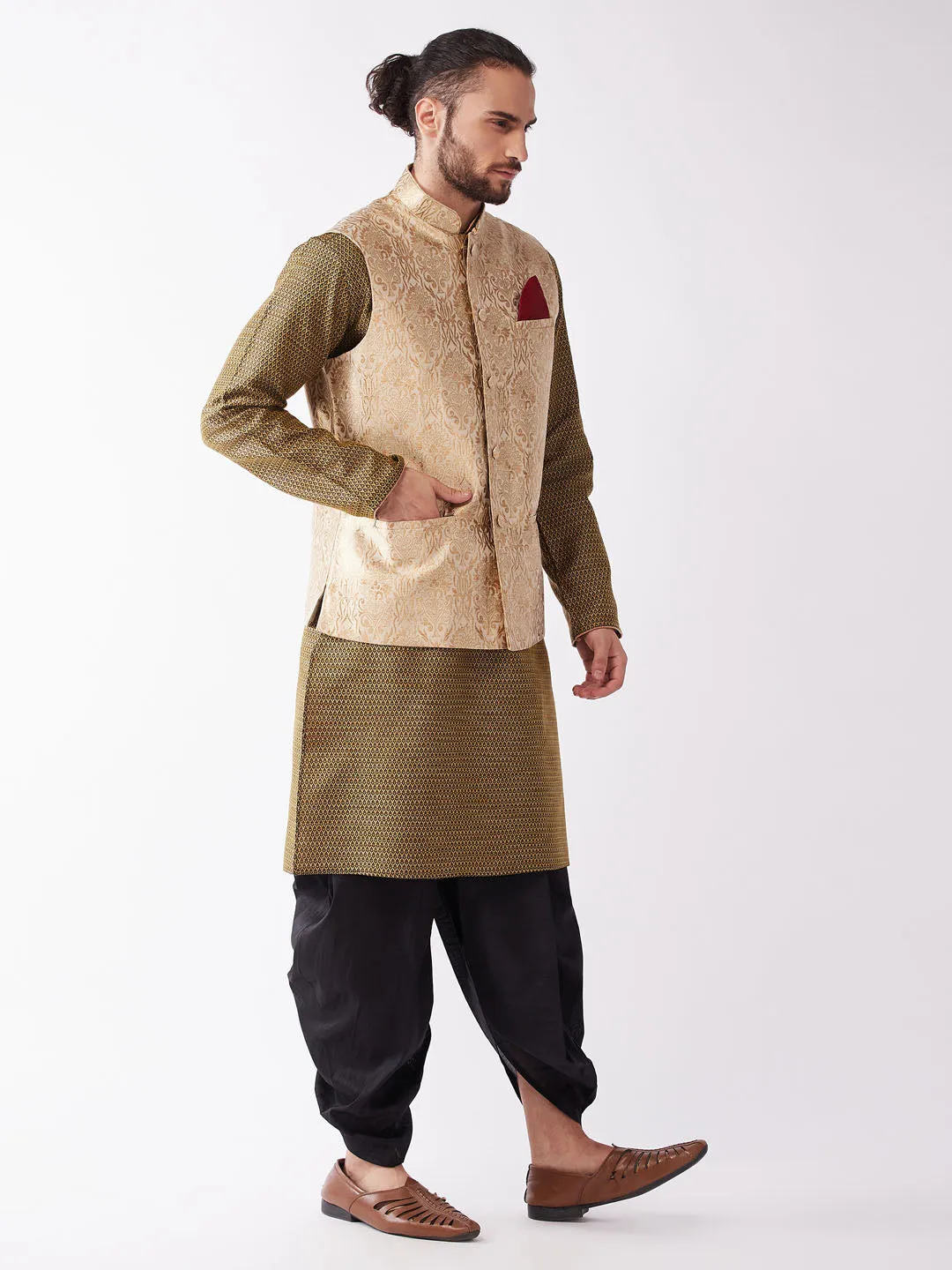 VM BY VASTRAMAY Men's Rose Gold Jacquard Jacket With Kurta Dhoti Set - Google SEO-friendly: Rose Gold Jacquard Jacket Set for Me