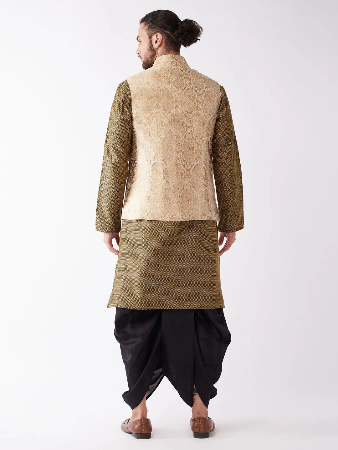 VM BY VASTRAMAY Men's Rose Gold Jacquard Jacket With Kurta Dhoti Set - Google SEO-friendly: Rose Gold Jacquard Jacket Set for Me