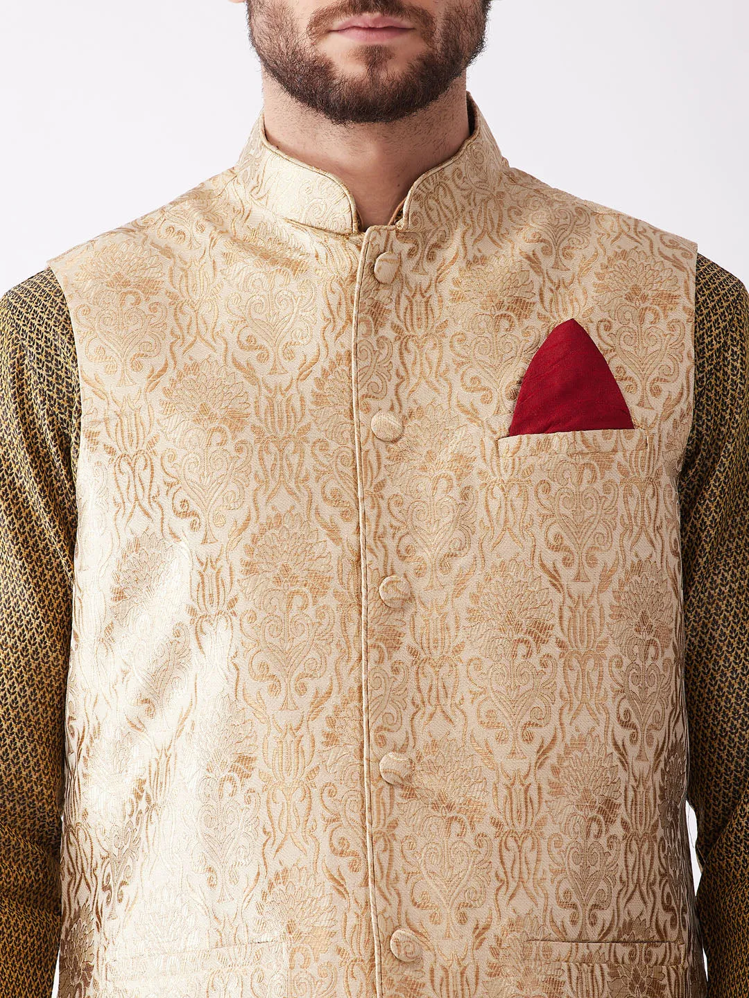 VM BY VASTRAMAY Men's Rose Gold Jacquard Jacket With Kurta Dhoti Set - Google SEO-friendly: Rose Gold Jacquard Jacket Set for Me