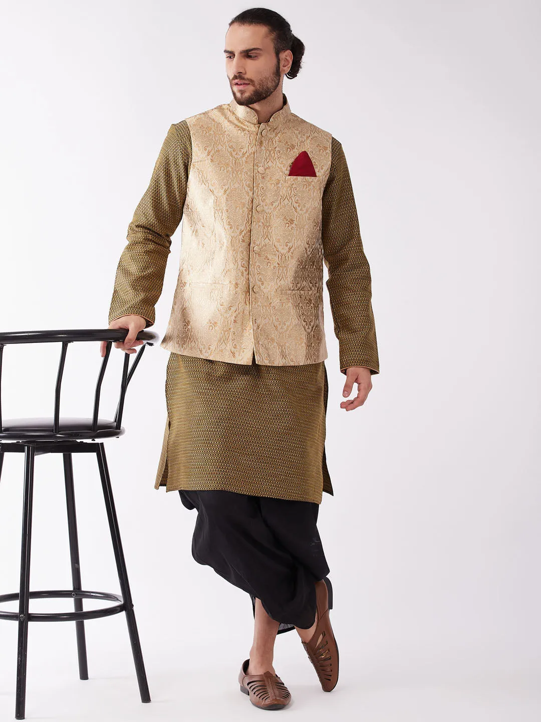 VM BY VASTRAMAY Men's Rose Gold Jacquard Jacket With Kurta Dhoti Set - Google SEO-friendly: Rose Gold Jacquard Jacket Set for Me