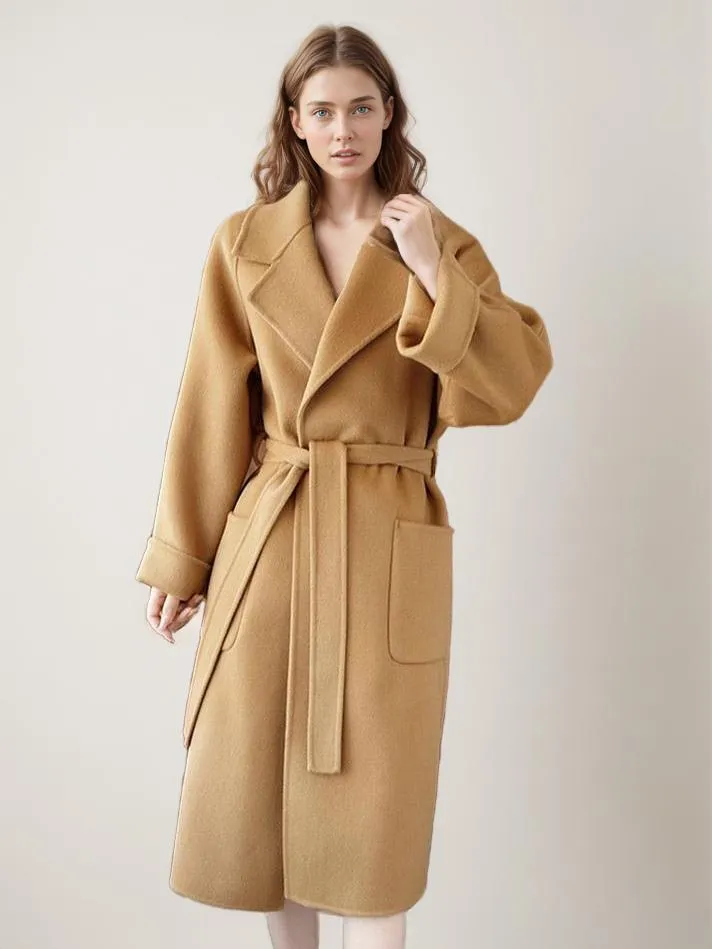 Women's Lapel Wrap Coat with Big Pockets and Solid Color for Winter Outerwear