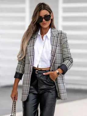 Women's Plaid Blazer with Turndown Collar, Pockets, Long Sleeves- Stylish Outerwear