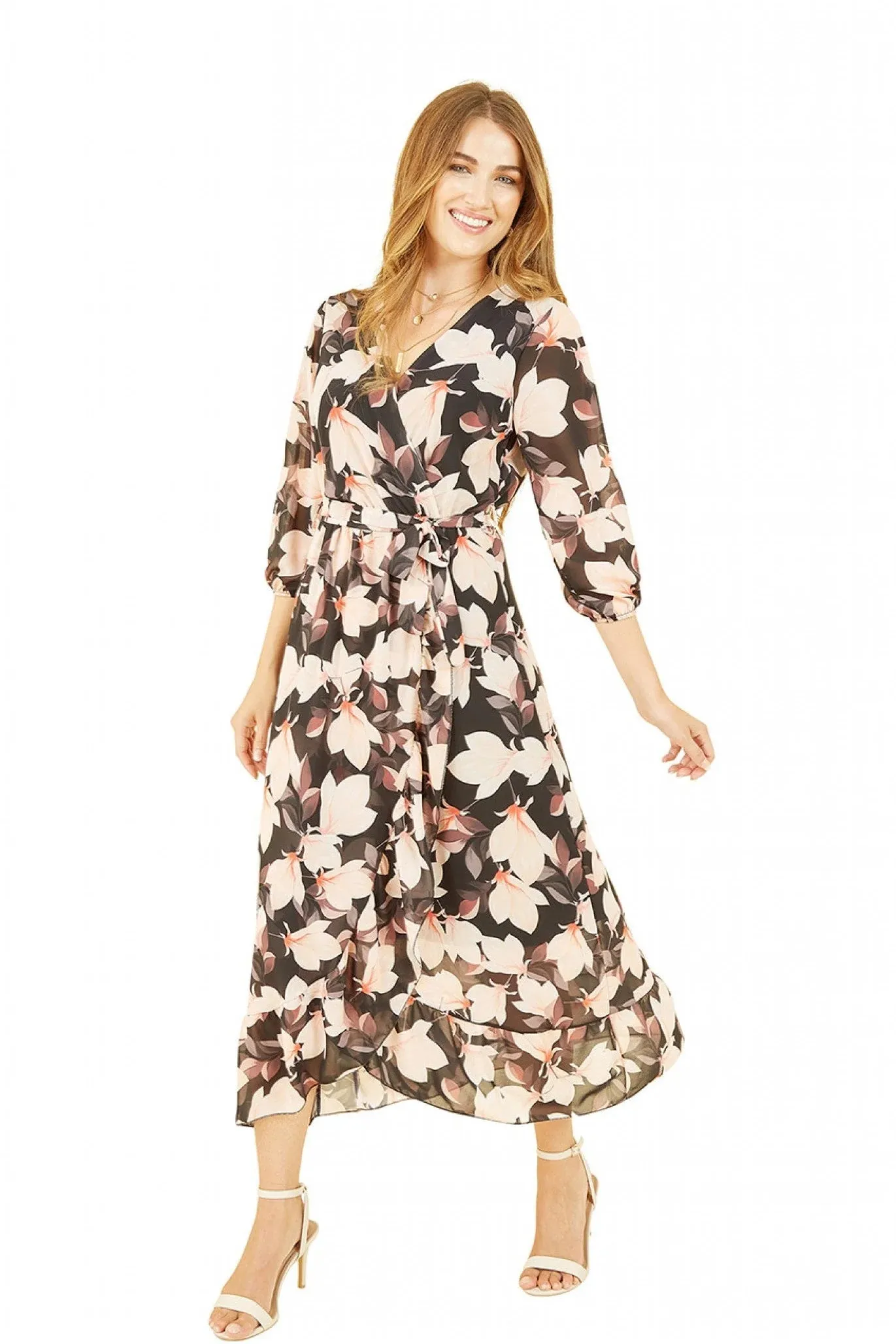 Yumi Black Floral Wrap Dress With Three Quarter Sleeves