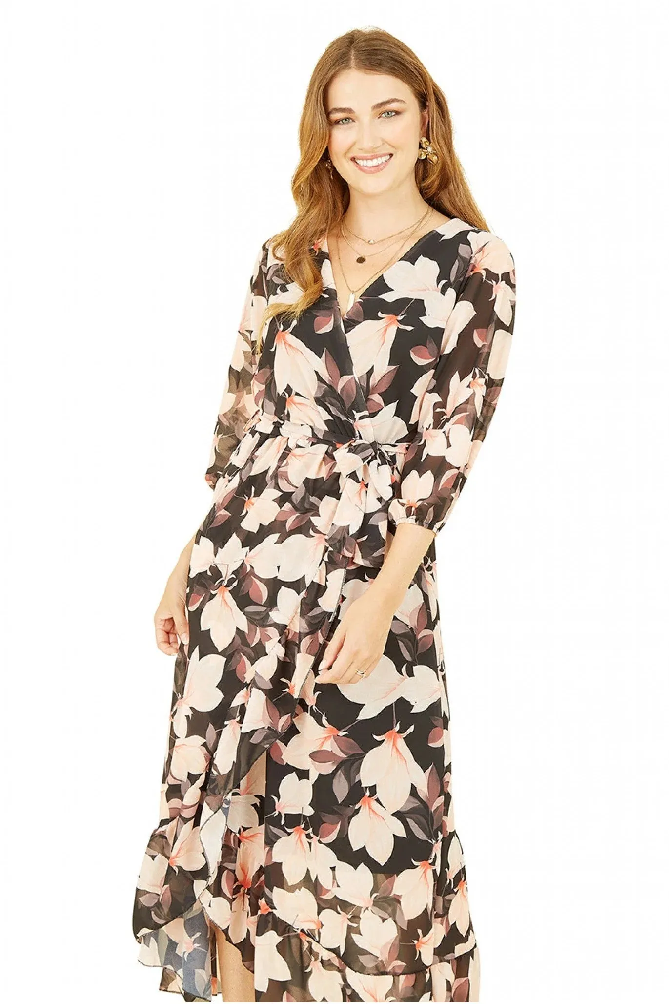 Yumi Black Floral Wrap Dress With Three Quarter Sleeves