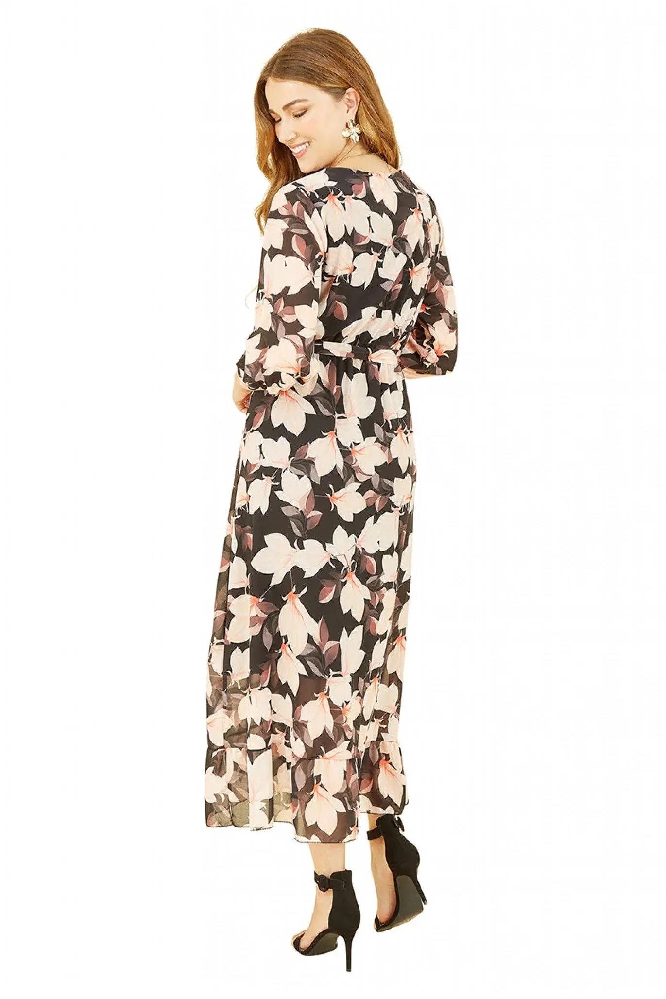 Yumi Black Floral Wrap Dress With Three Quarter Sleeves