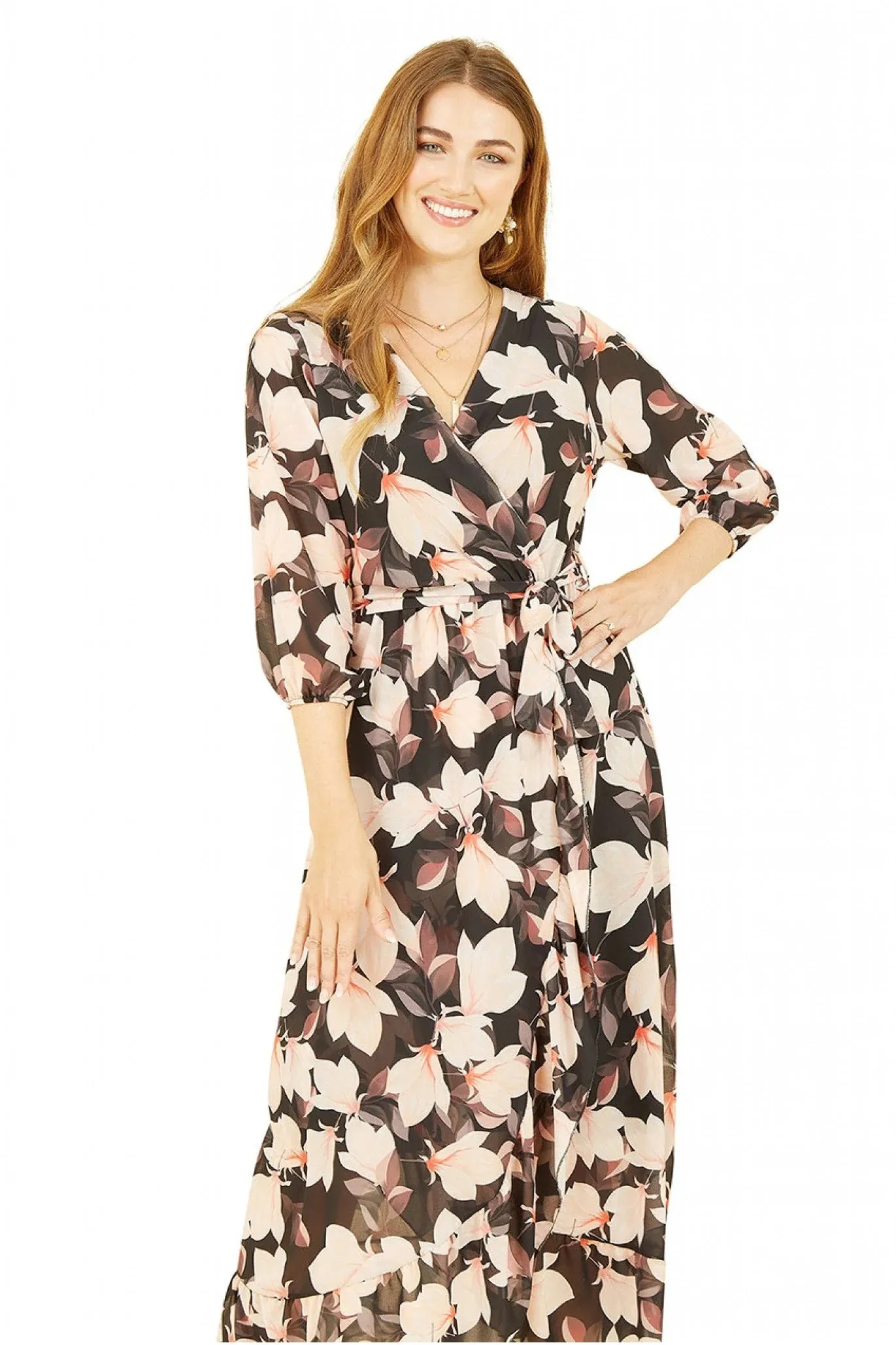 Yumi Black Floral Wrap Dress With Three Quarter Sleeves