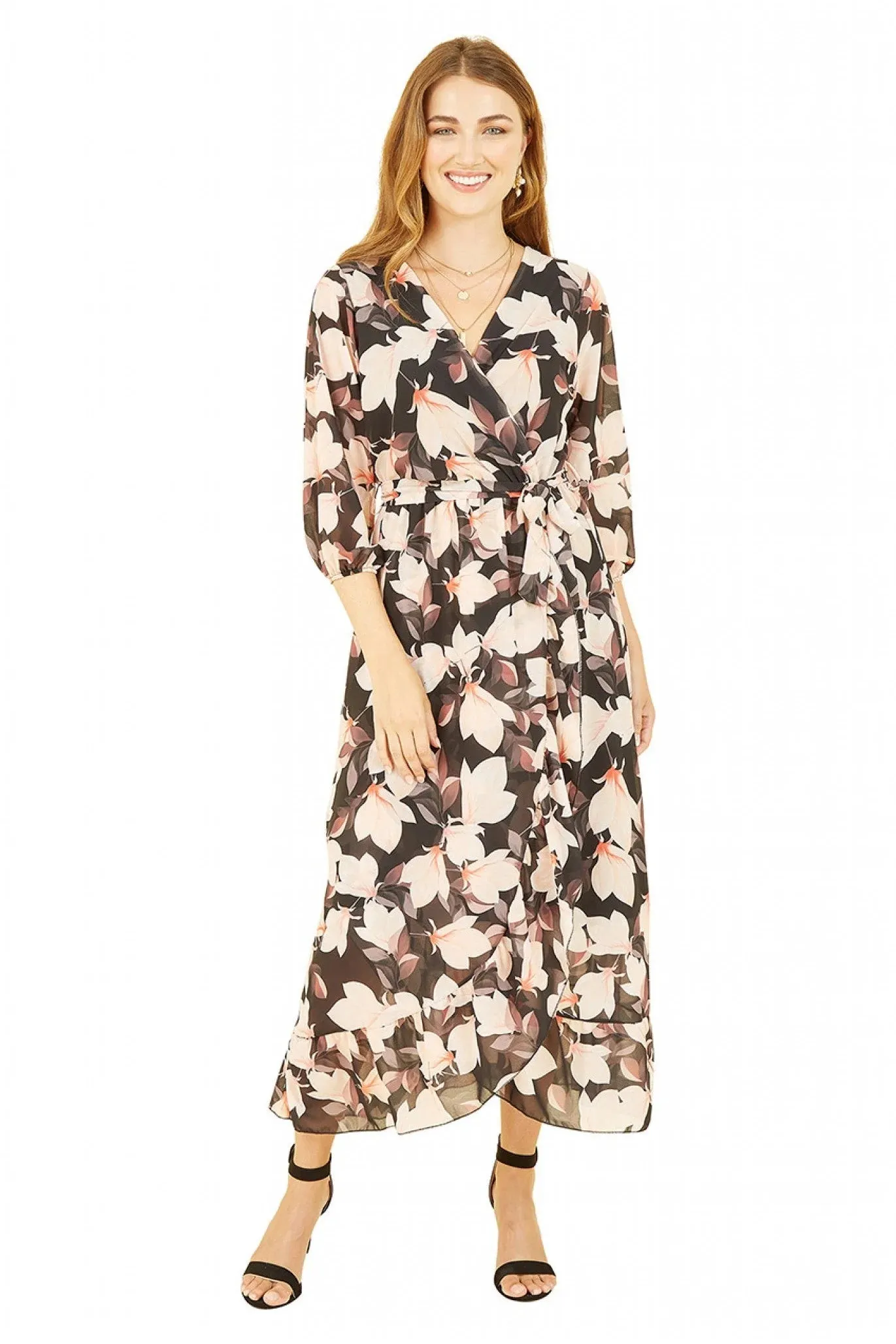 Yumi Black Floral Wrap Dress With Three Quarter Sleeves