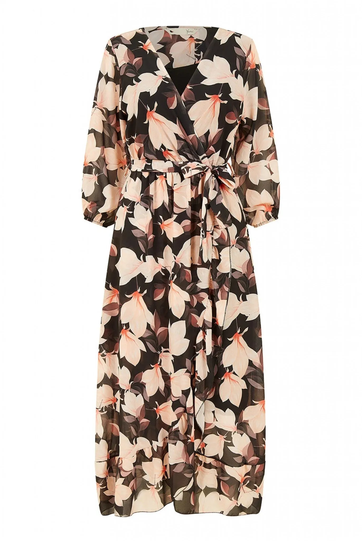 Yumi Black Floral Wrap Dress With Three Quarter Sleeves