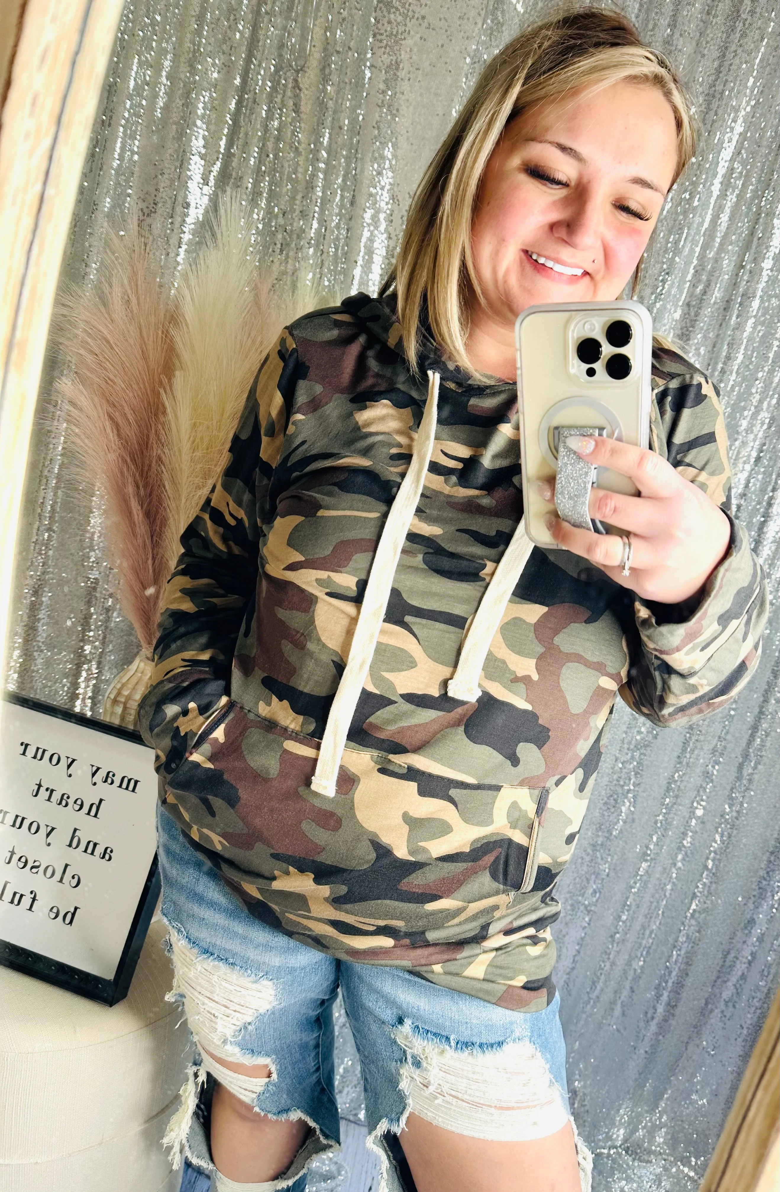 Zenana - Camo Cozy Hoodie With Pockets