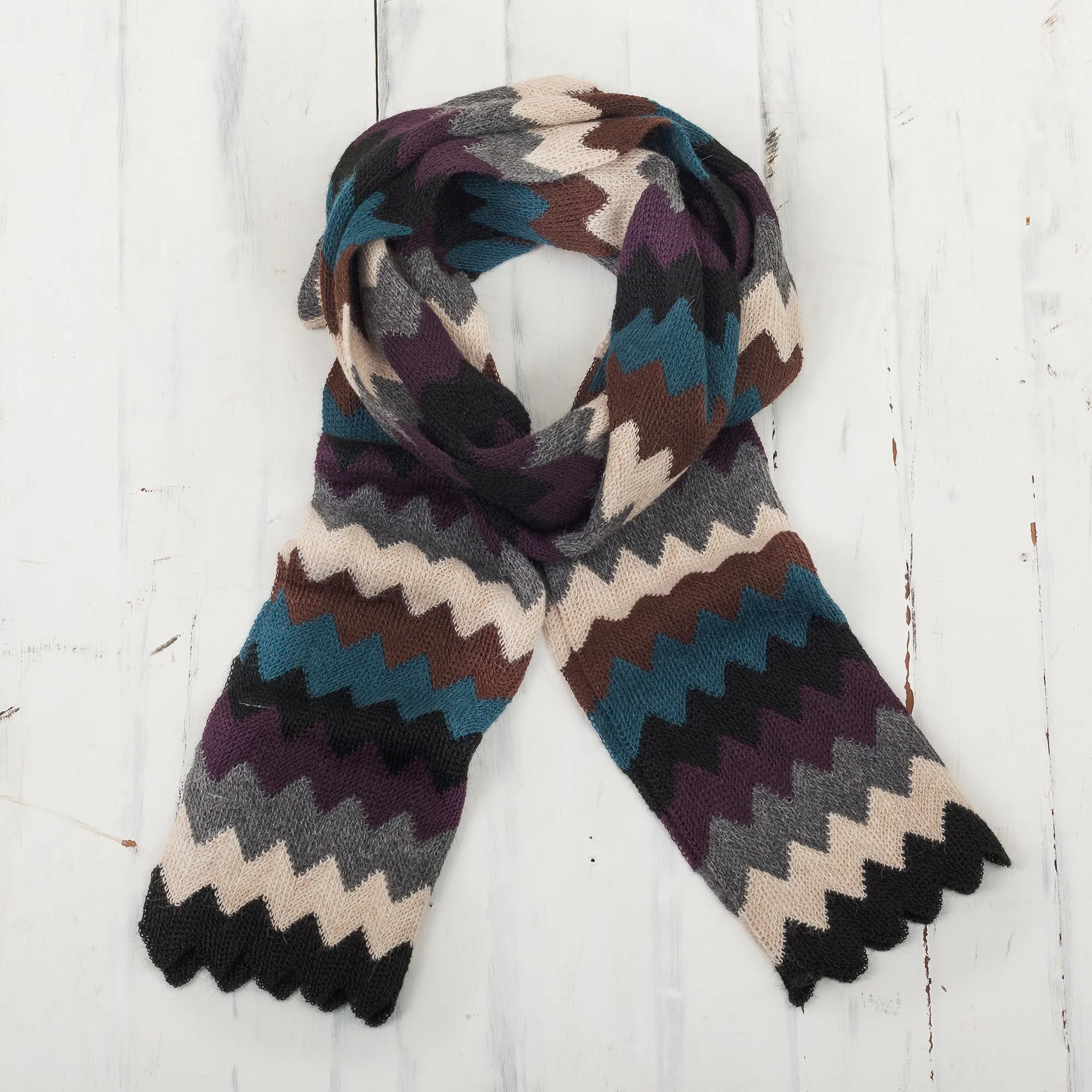 Zigzag Alpaca Blend Wrap Scarf from Peru, Bold Pattern