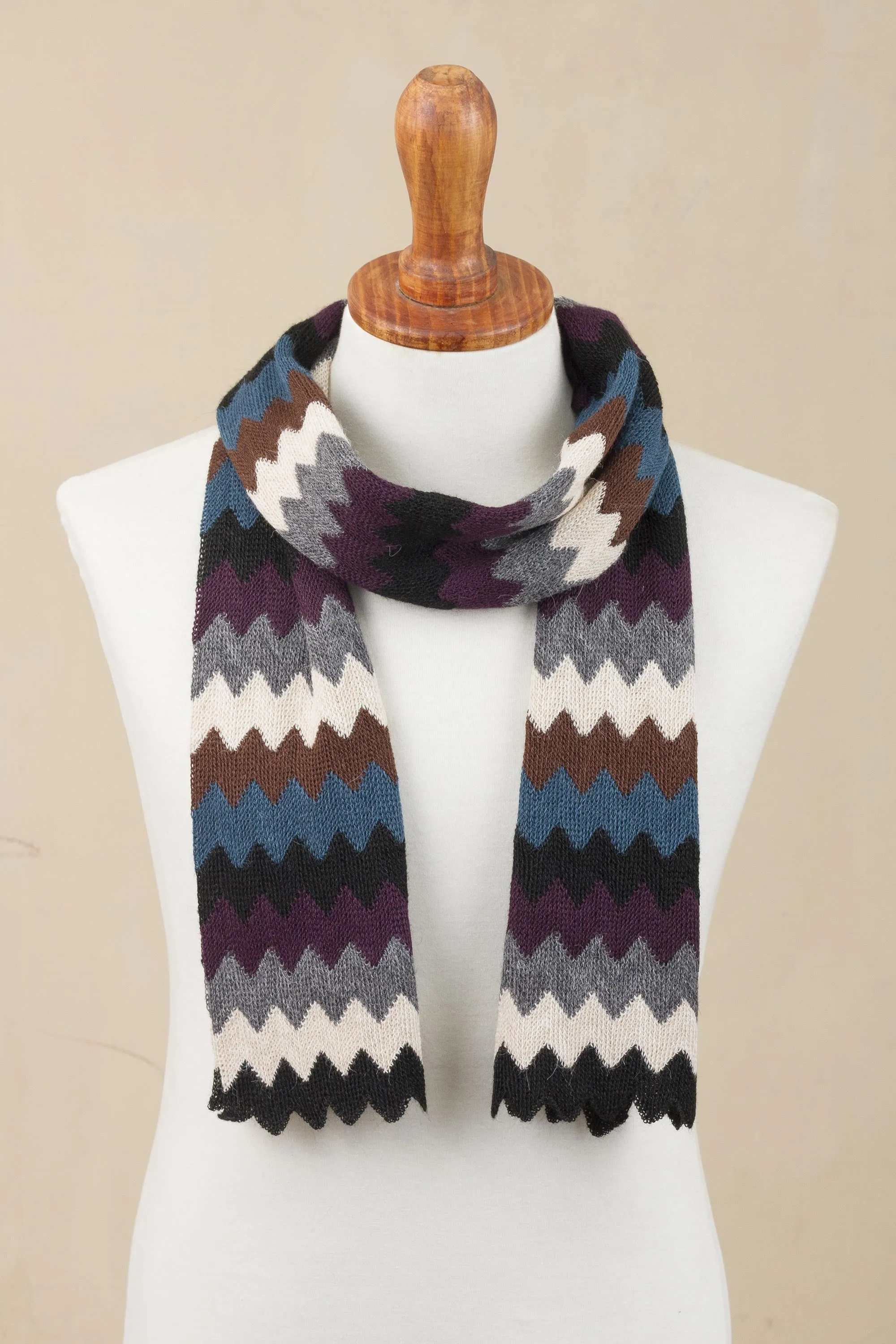 Zigzag Alpaca Blend Wrap Scarf from Peru, Bold Pattern