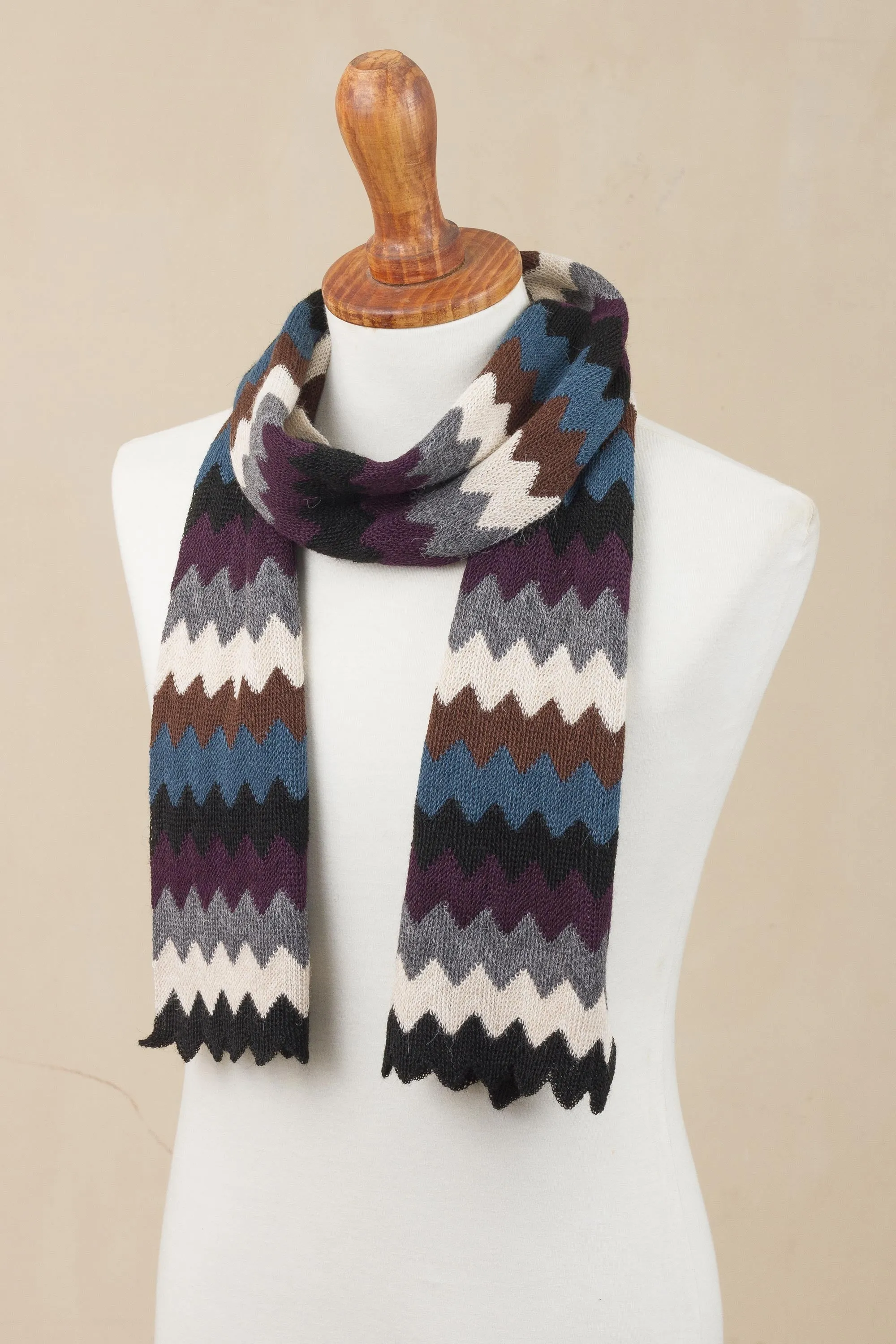 Zigzag Alpaca Blend Wrap Scarf from Peru, Bold Pattern