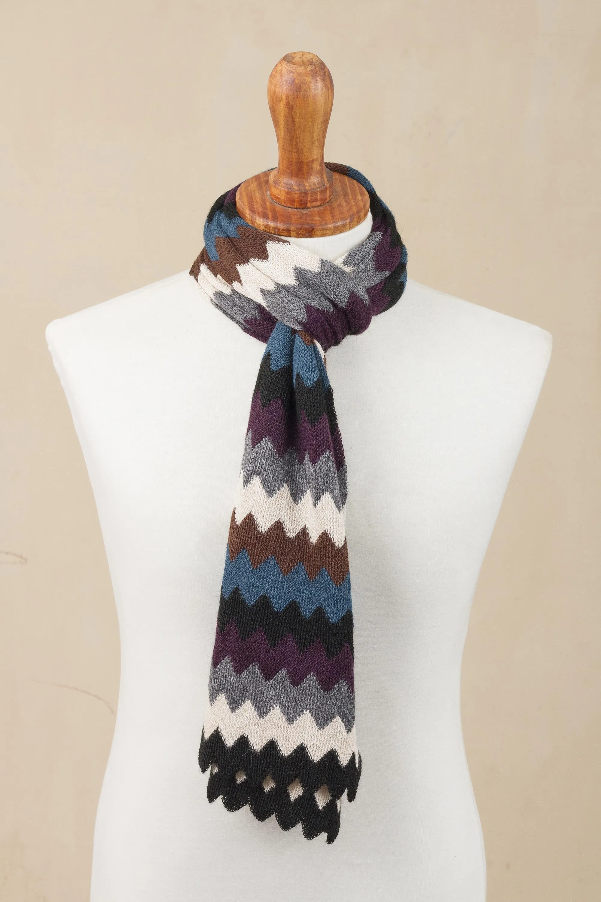 Zigzag Alpaca Blend Wrap Scarf from Peru, Bold Pattern